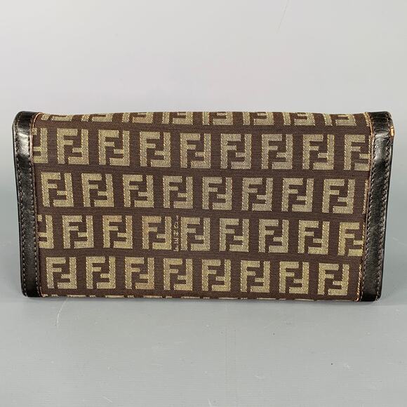 FENDI 2009 Foglio Forever Brown Yellow Monogram Fabric Leather Wallet - Picture 2 of 8
